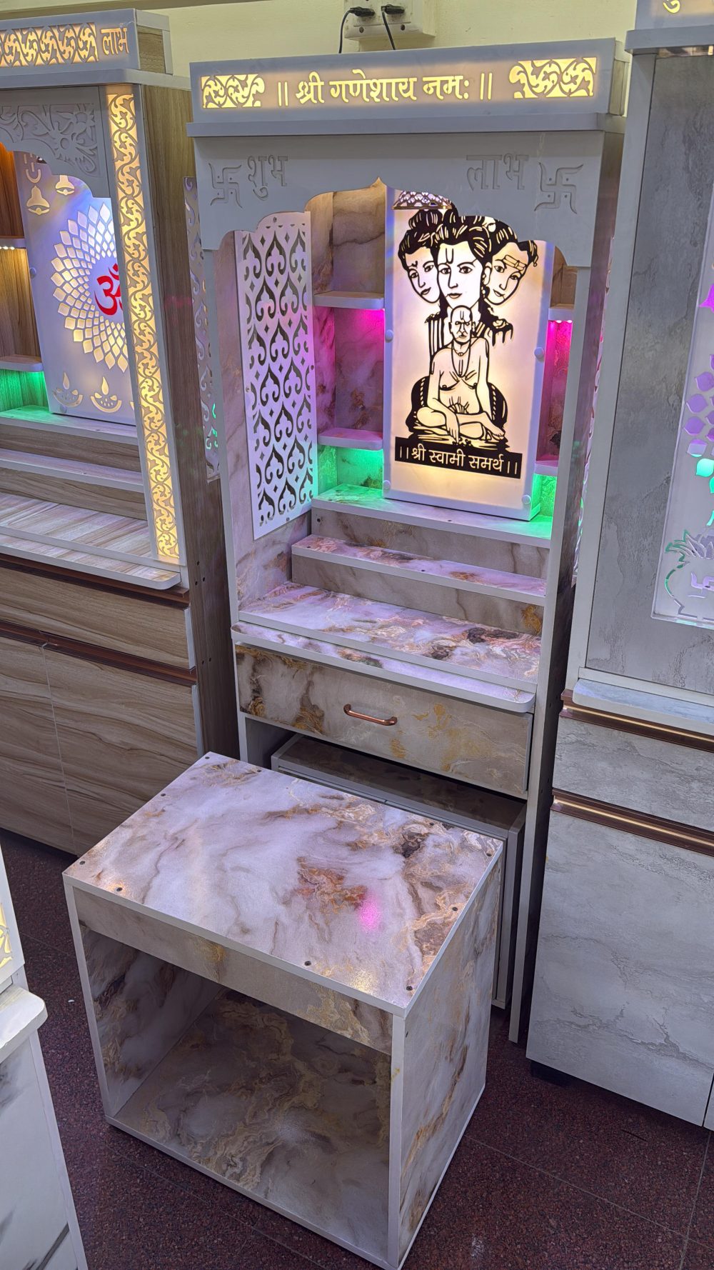 Premium Designer Wooden Pooja Mandir with Swami Samarth LED Panel & Marble Finish (Floor Standing)