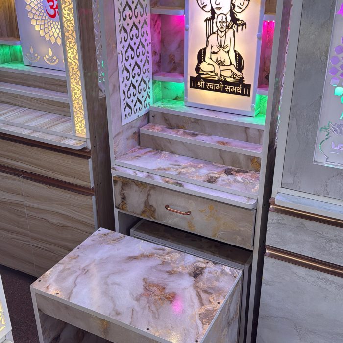 Premium Designer Wooden Pooja Mandir with Swami Samarth LED Panel & Marble Finish (Floor Standing)