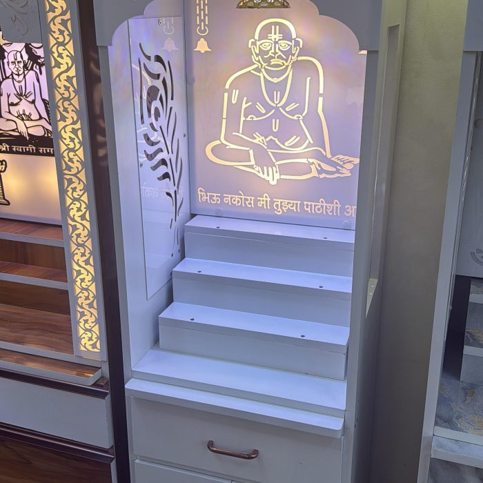 Illuminated Swami Samarth Wooden Mandir with Storage & Step Platform – Premium Pooja Unit for Home