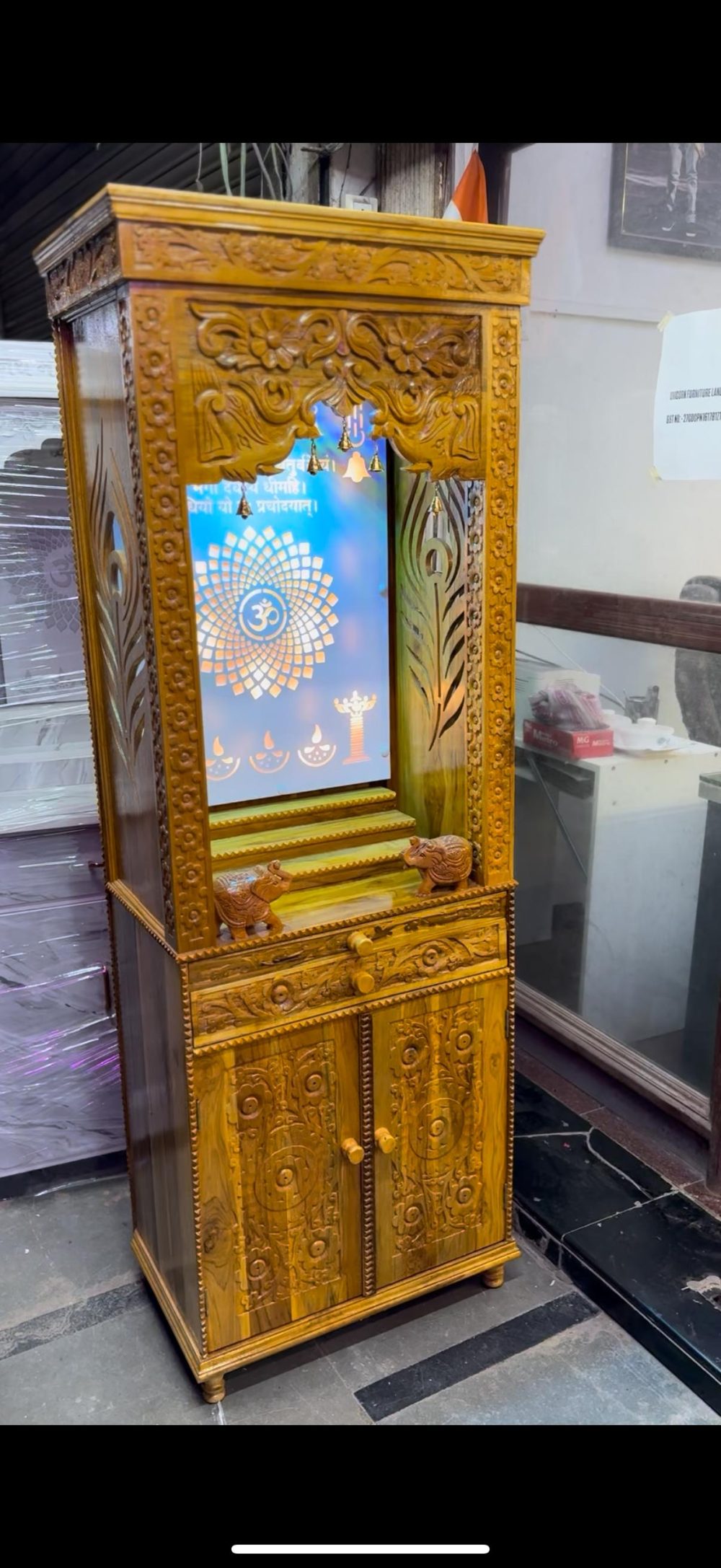 Premium Full-Height Wooden Pooja Mandir with LED Backlit Panel & Storage – Handcrafted Temple for Home