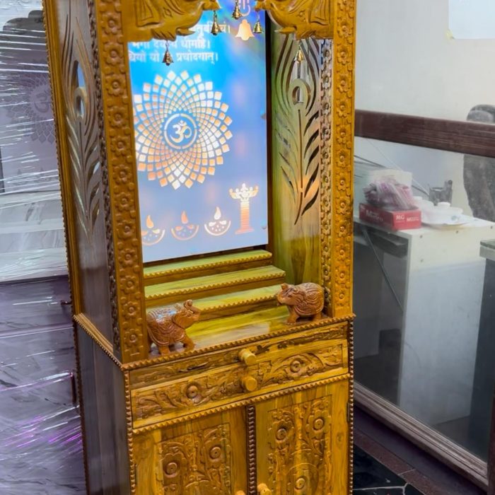 Premium Full-Height Wooden Pooja Mandir with LED Backlit Panel & Storage – Handcrafted Temple for Home