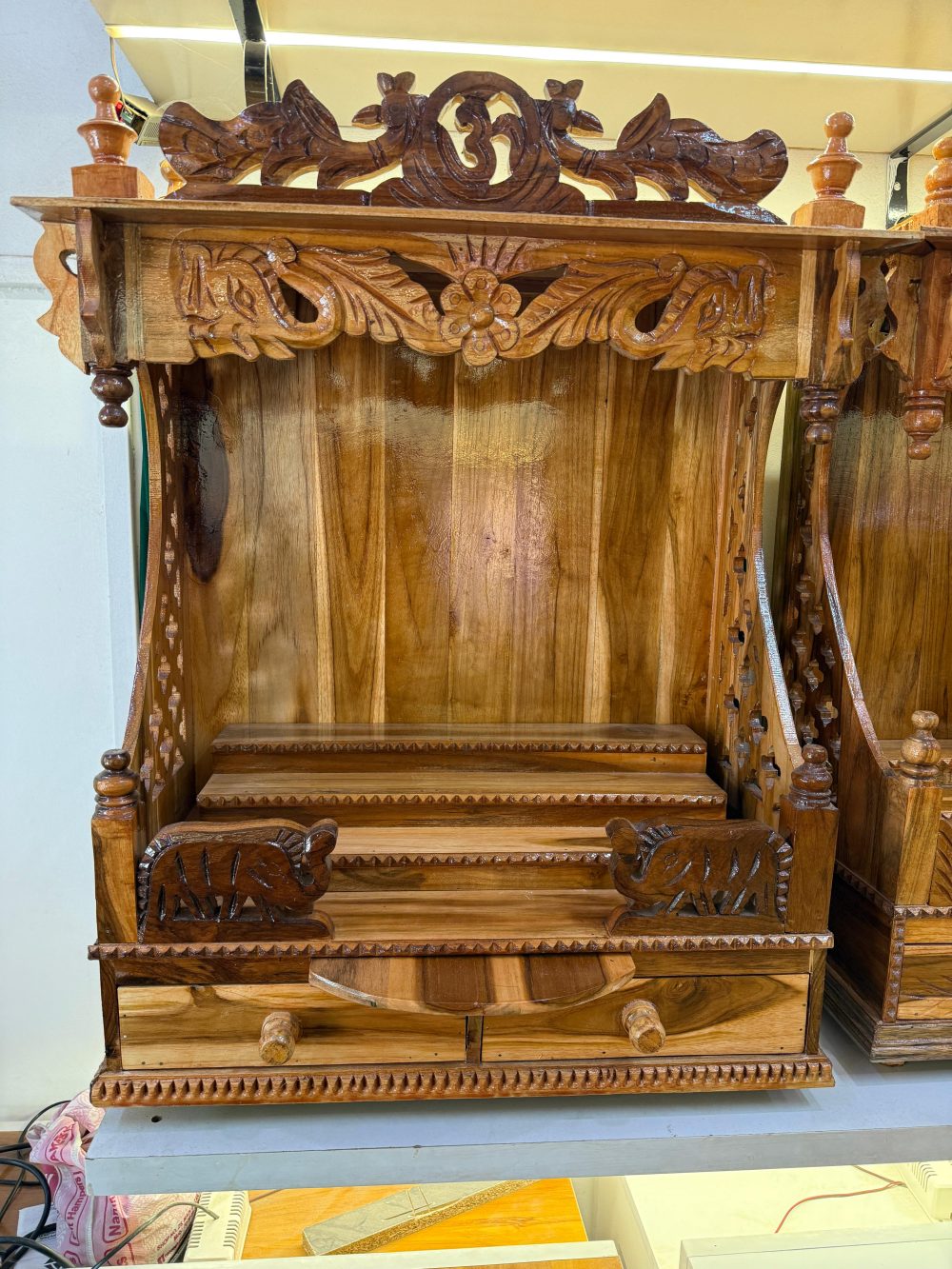 Handcrafted Solid Wood Temple for Home – Traditional Pooja Mandir with Intricate Carvings & Storage