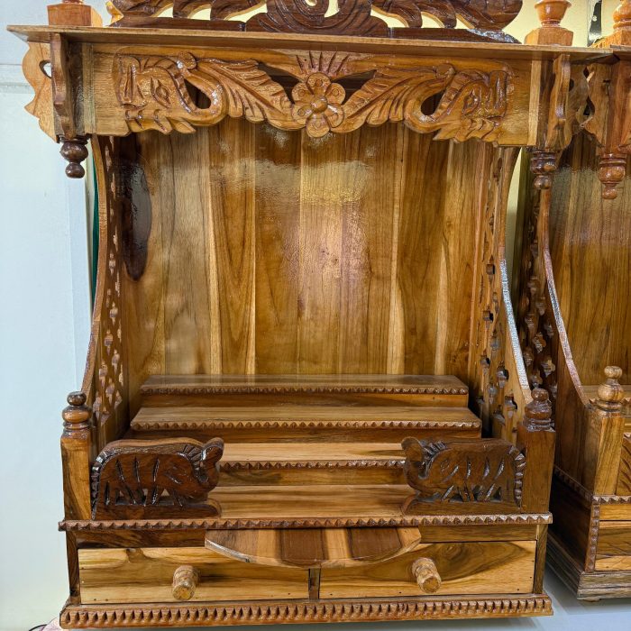 Handcrafted Solid Wood Temple for Home – Traditional Pooja Mandir with Intricate Carvings & Storage