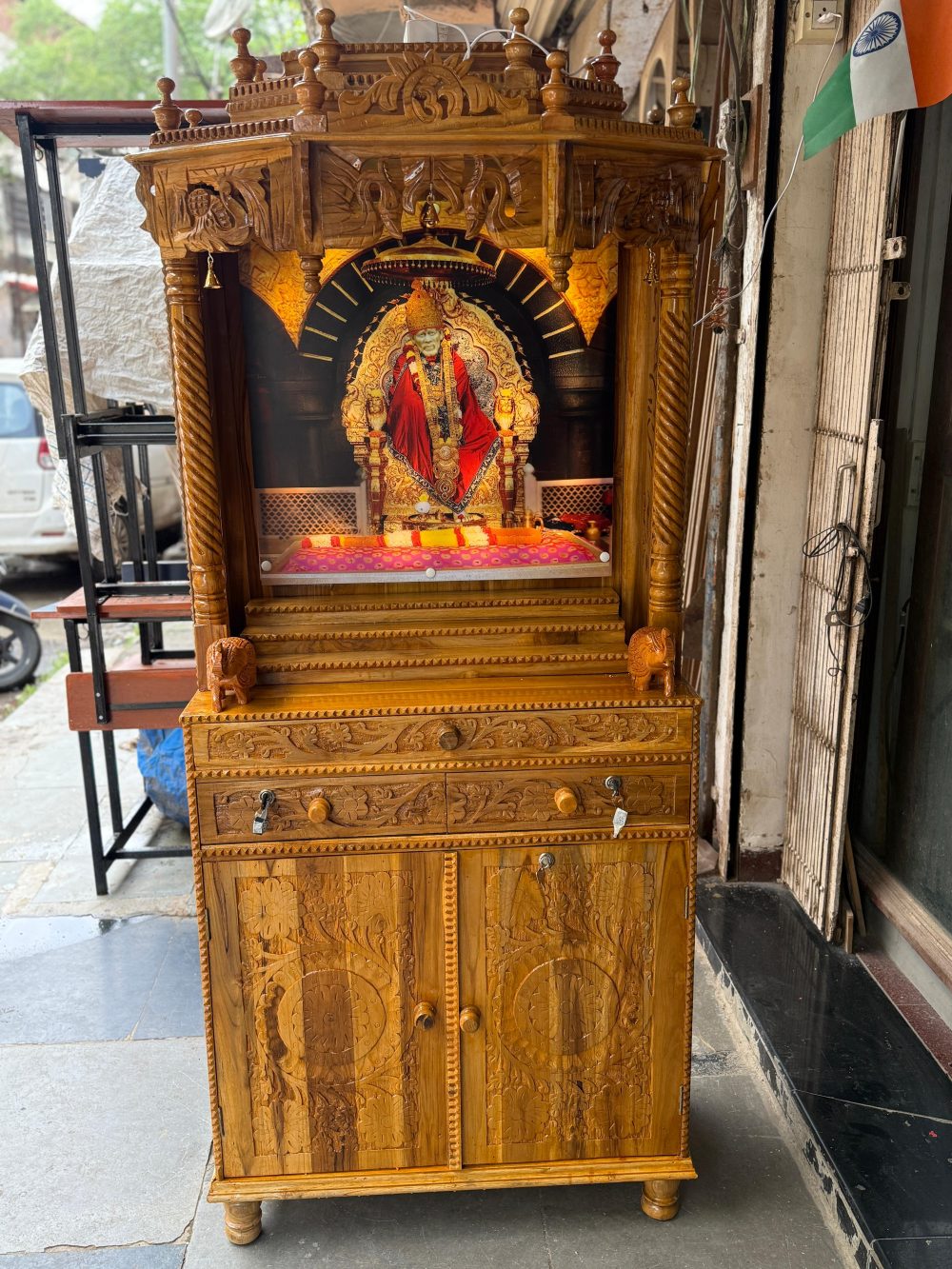 Handcrafted Wooden Temple with Sai Baba Idol – Premium Pooja Mandir for Home