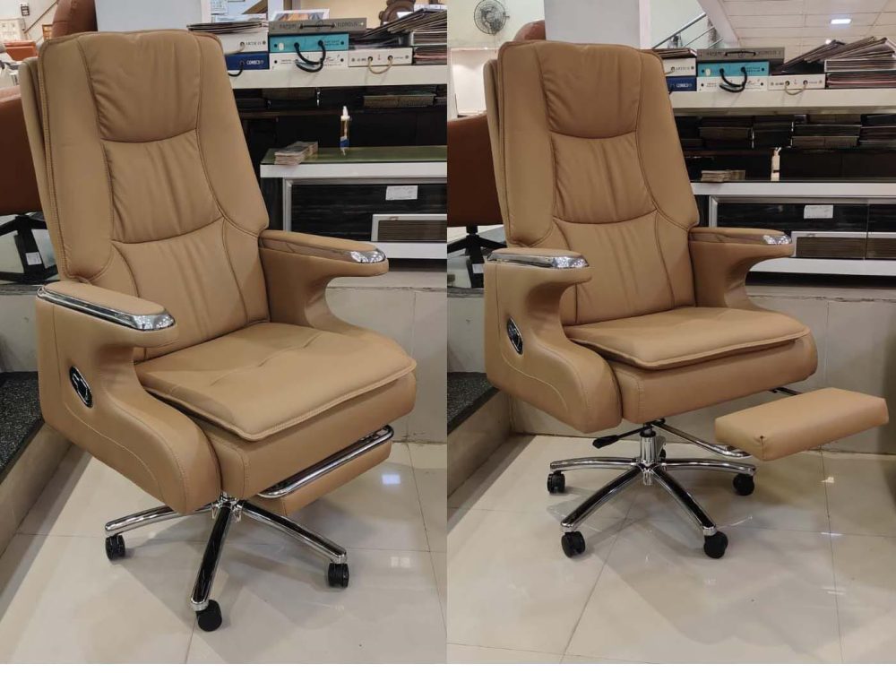 Premium Executive Recliner Office Chair with Footrest – Tan Leatherette Finish
