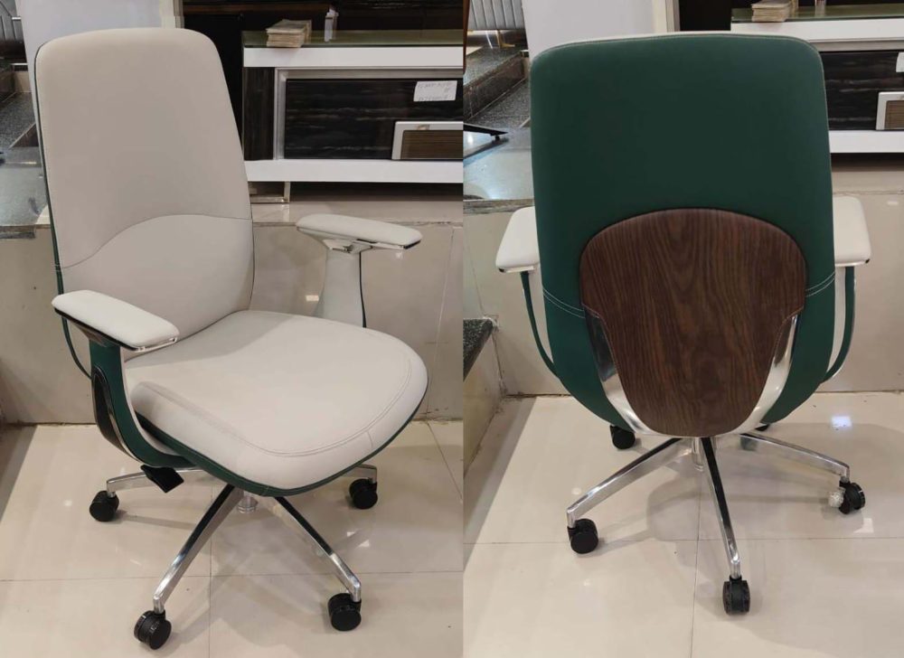 Modern Ergonomic Office Chair – Dual-Tone White & Green with Wooden Back Accent
