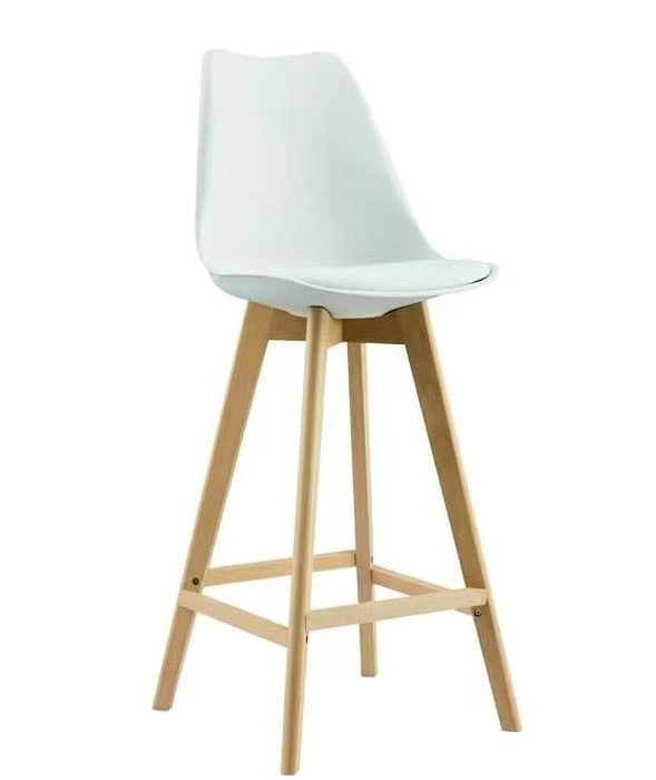 Modern Ergonomic Bar Stool with Backrest – White Seat & Wooden Legs
