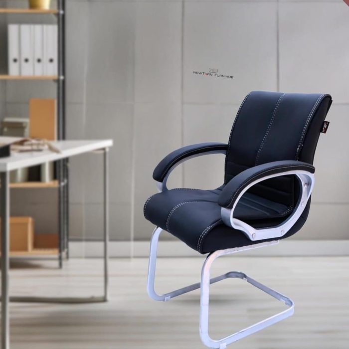 Premium Visitor Office Chair with Cushioned Support & White Cantilever Base – Jet Black