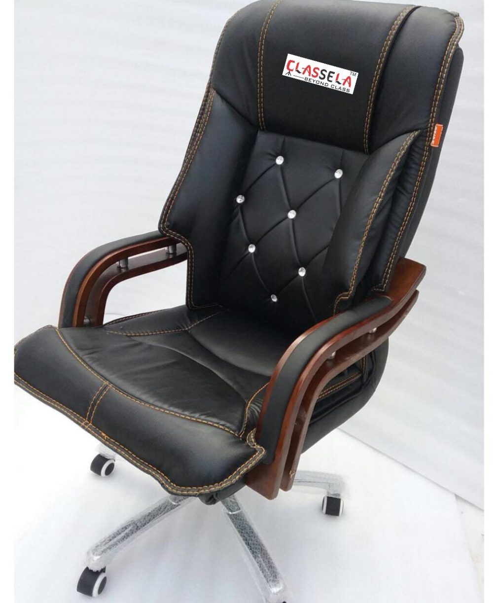 CLASSELA™ Royal Executive Chair – Black Leatherette with Wood Finish & Crystal Accents