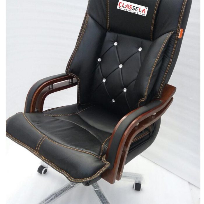 CLASSELA™ Royal Executive Chair – Black Leatherette with Wood Finish & Crystal Accents