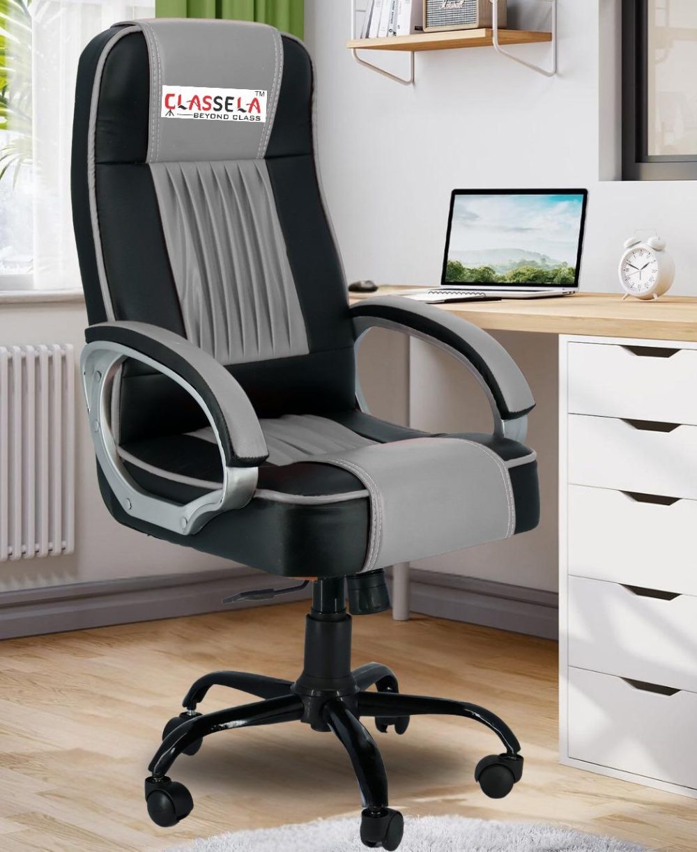 Classela Ergonomic Mid-Back Office Chair – Dual-Tone Black & Grey with Padded Armrests and Adjustable Height