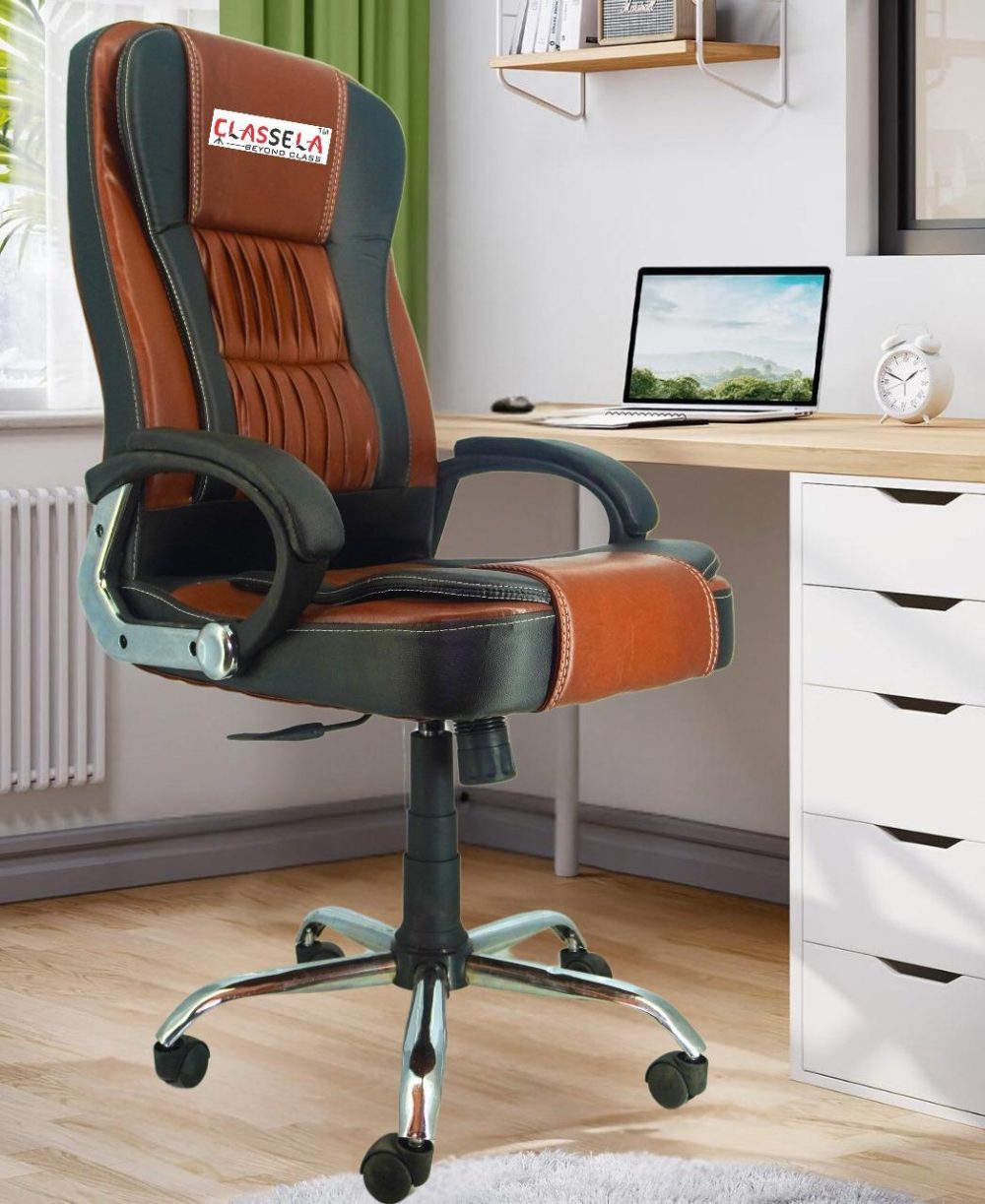 Classela Ergonomic High-Back Office Chair – Dual-Tone Brown & Black, Padded Armrests, Chrome Base