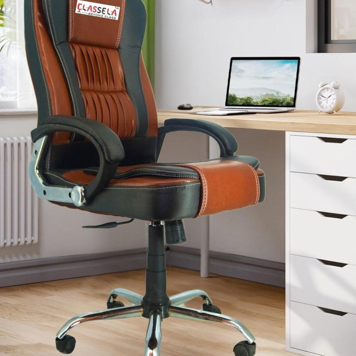 Classela Ergonomic High-Back Office Chair – Dual-Tone Brown & Black, Padded Armrests, Chrome Base