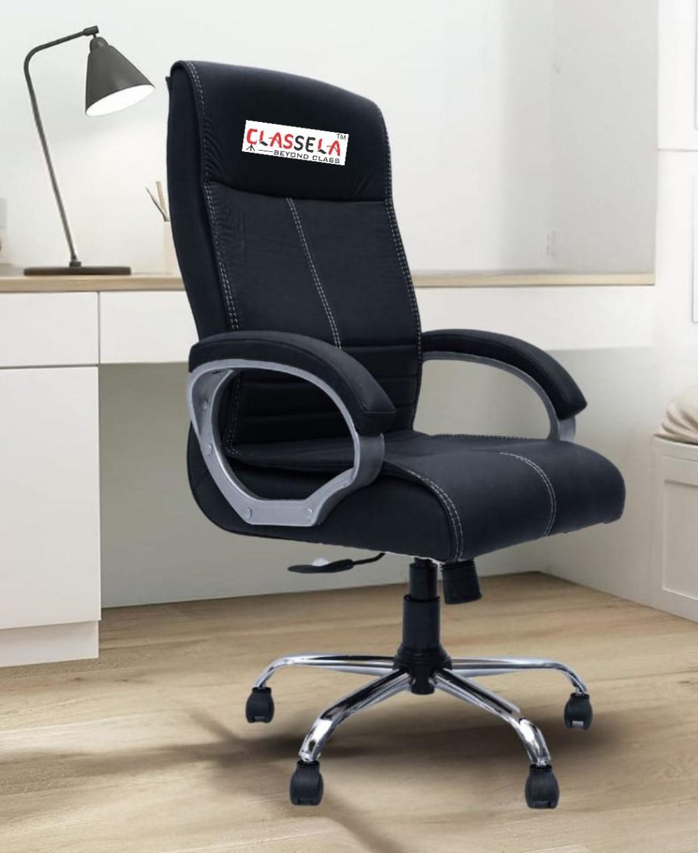 Classela High-Back Executive Office Chair – All-Black with White Stitch Detailing, Ergonomic Design & Adjustable Height