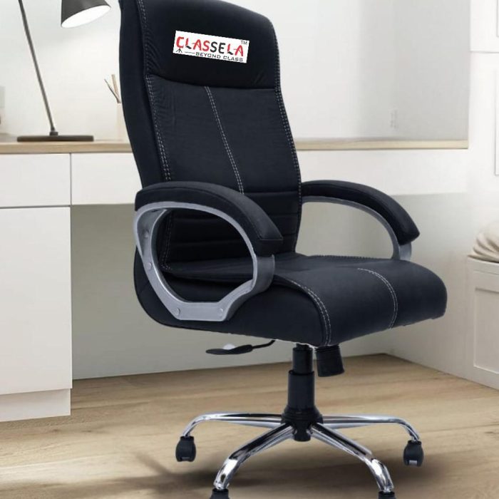 Classela High-Back Executive Office Chair – All-Black with White Stitch Detailing, Ergonomic Design & Adjustable Height