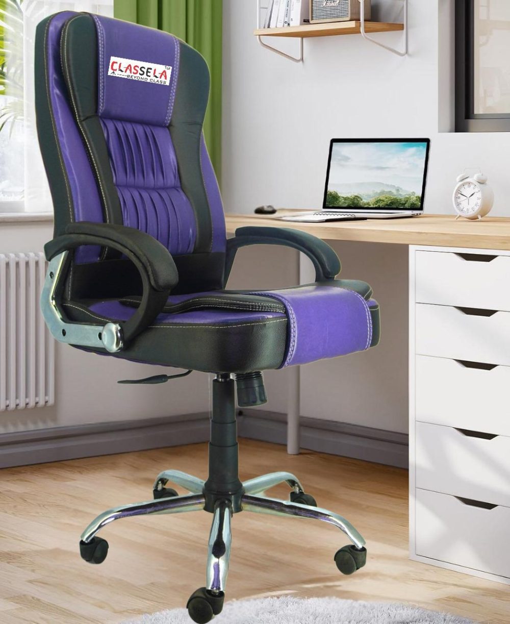 Classela Premium High-Back Office Chair – Dual-Tone Purple & Black, Ergonomic Design with Chrome Base & Cushioned Armrests