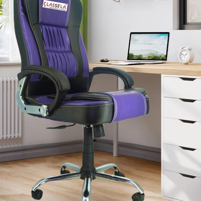 Classela Premium High-Back Office Chair – Dual-Tone Purple & Black, Ergonomic Design with Chrome Base & Cushioned Armrests