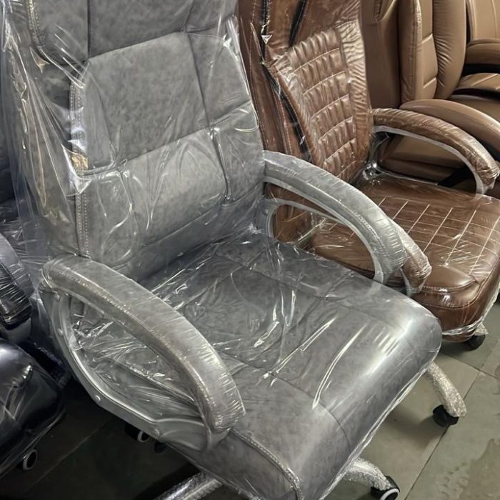 ErgoElite High-Back Grey Leatherette Executive Chair with Chrome Base