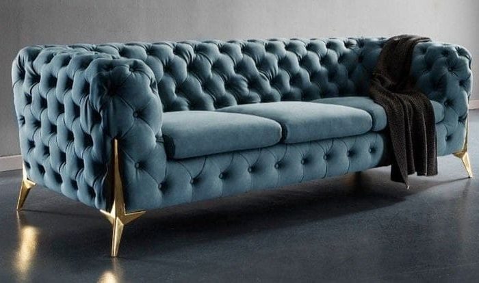 Luxury Velvet Chesterfield Sofa – Tufted 3-Seater with Gold Legs (Royal Blue)