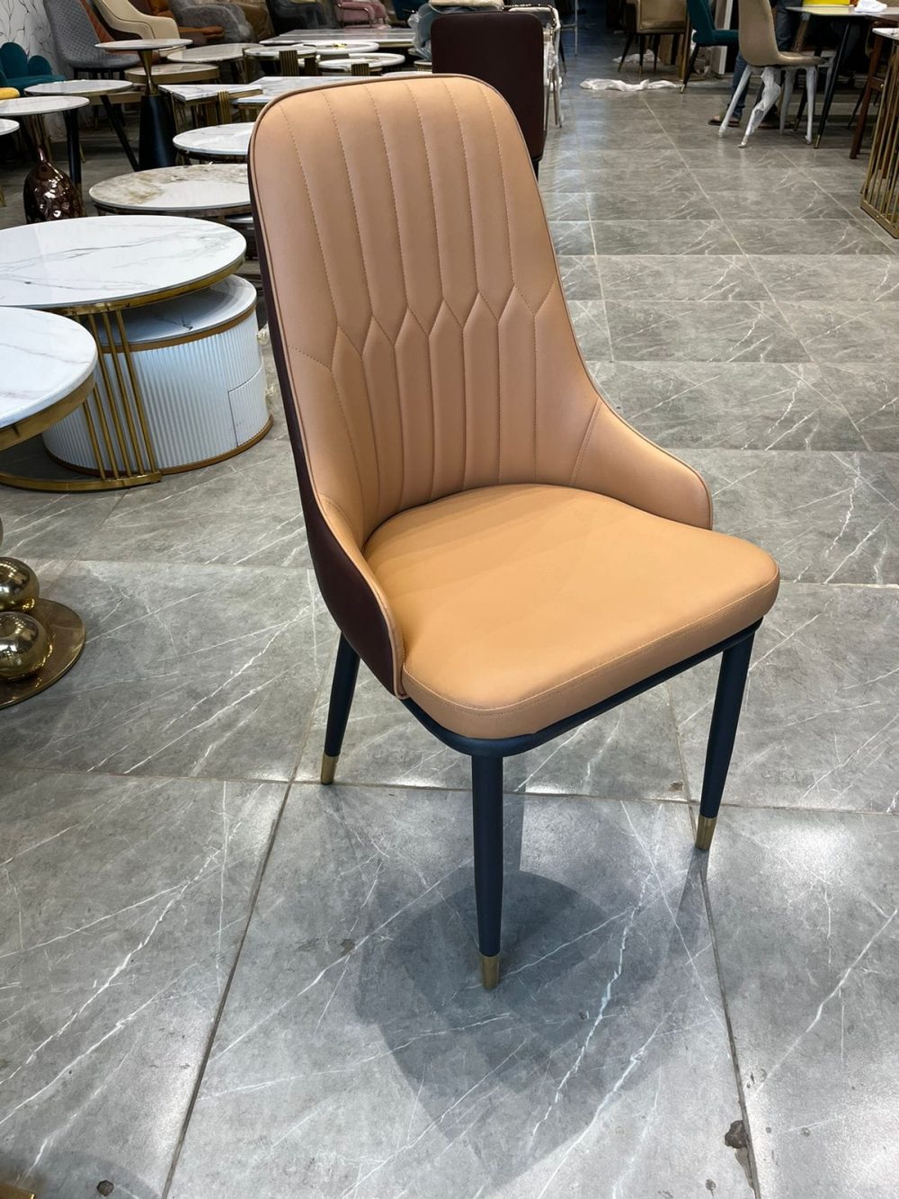 Contemporary Leatherette Dining Chair – Tan & Brown Upholstery with Black Metal Legs