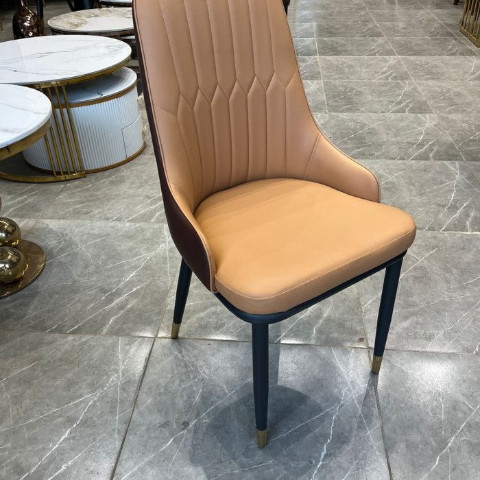 Contemporary Leatherette Dining Chair – Tan & Brown Upholstery with Black Metal Legs