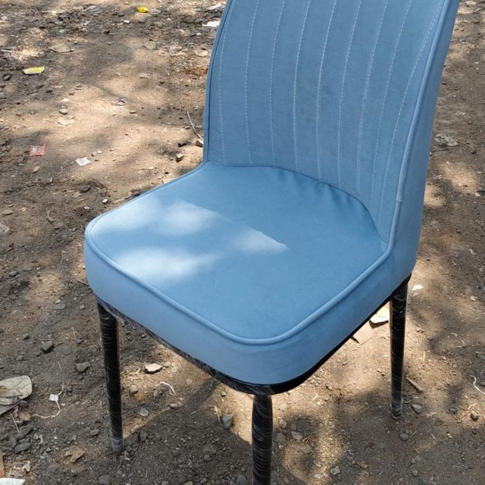 Modern Blue Fabric Dining Chair – Padded Seat with Vertical Stitching & Sleek Black Legs