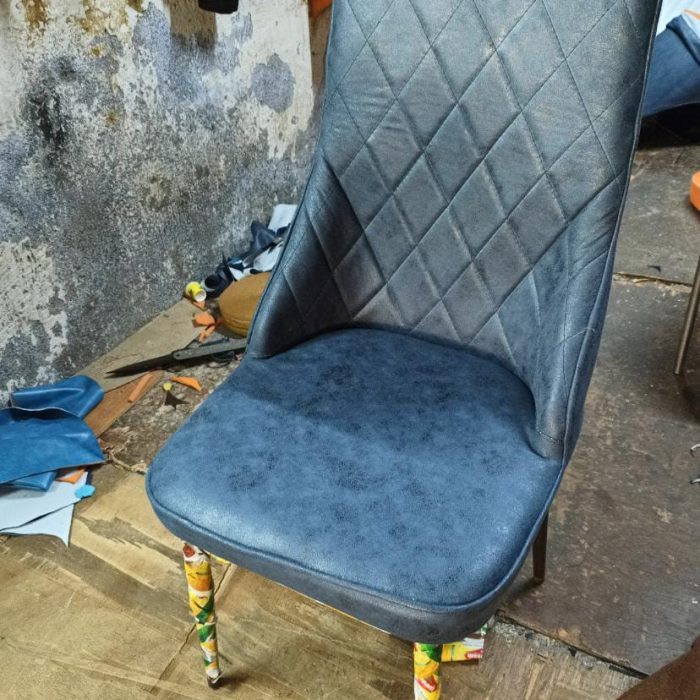 Diamond-Stitched Blue Leatherette Chair with Colorful Legs – Contemporary Accent Seating