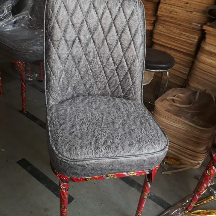 Diamond-Stitch Velvet Dining Chair – Grey with Red Legs