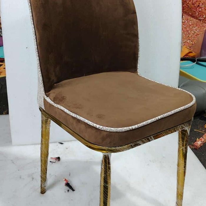 Luxury Velvet Dining Chair with Golden Legs – Chocolate Brown & White Piping
