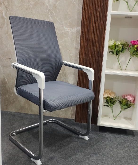 ErgoFlex Sleek Visitor Chair – Grey Fabric with White Armrests & Chrome Sled Base
