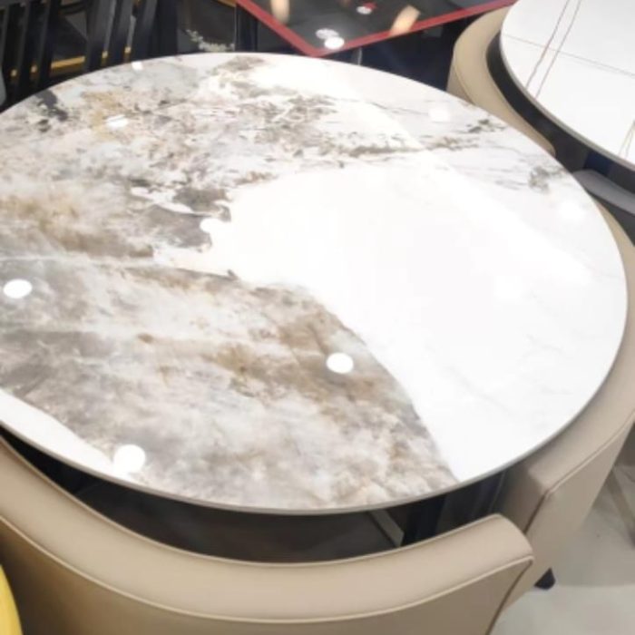 Round Marble-Top Dining Table Set with 4 Beige Upholstered Chairs
