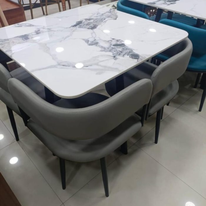 Modern 6-Seater Dining Table Set with Marble Finish Top & Upholstered Chairs