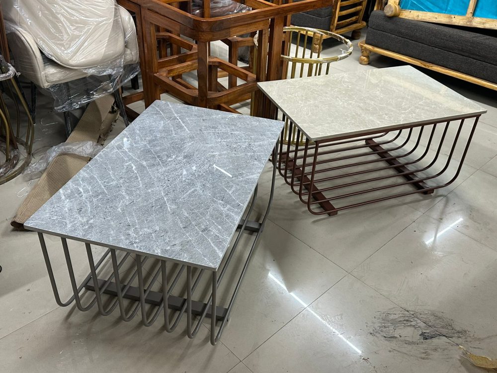 Modern Marble Finish Center Tables – Set of 2 with Contemporary Curved Metal Base