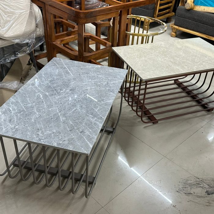 Modern Marble Finish Center Tables – Set of 2 with Contemporary Curved Metal Base