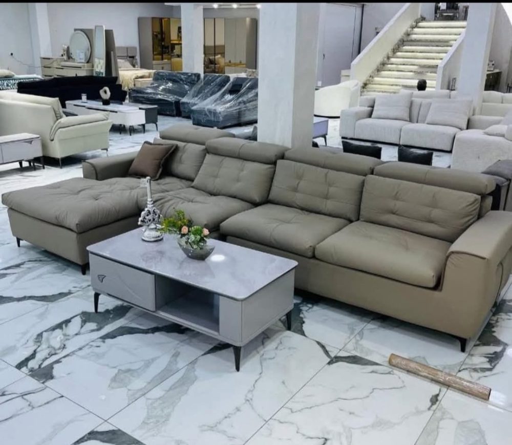 Contemporary Beige Leather L-Shaped Sofa with Ottoman