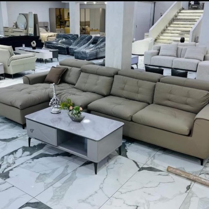 Contemporary Beige Leather L-Shaped Sofa with Ottoman