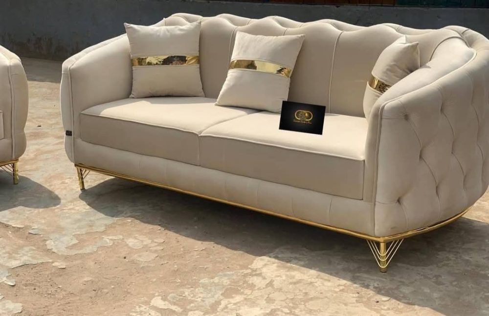 Luxe Gold Edition 3-Seater Sofa – Ivory Velvet with Golden Accents