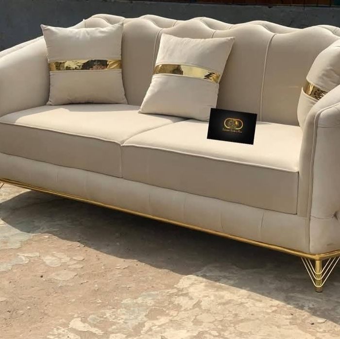 Luxe Gold Edition 3-Seater Sofa – Ivory Velvet with Golden Accents