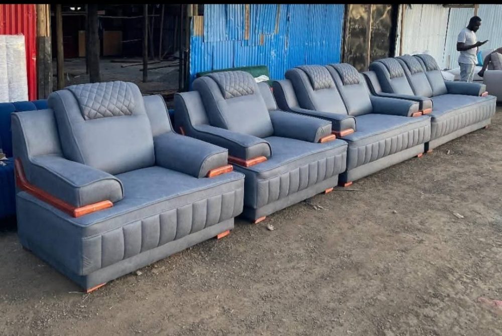 Contemporary 5-Seater Sofa Set – Steel Grey with Wooden Accents