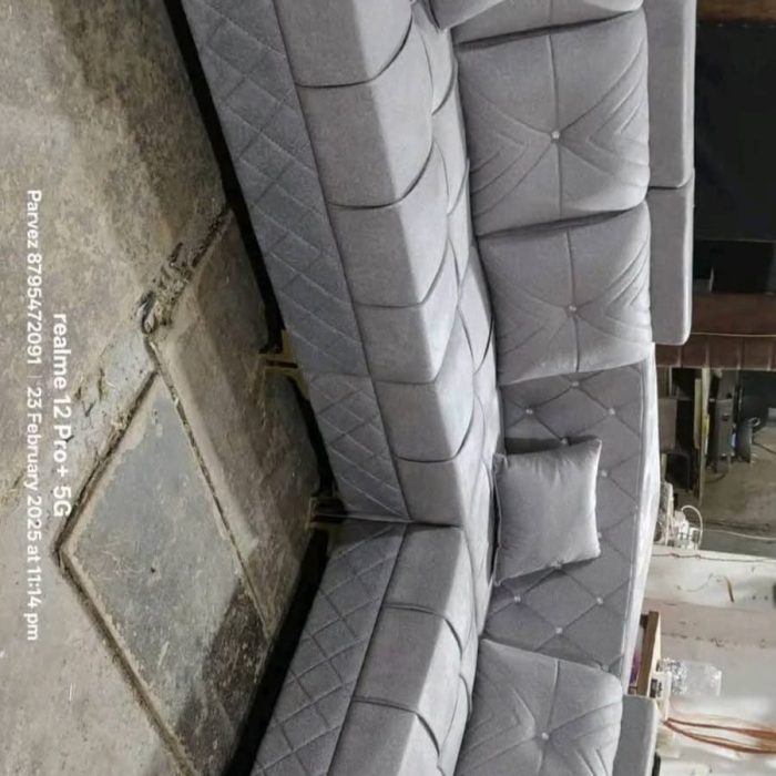 Elegant Diamond-Tufted L-Shaped Sofa – Premium Grey Fabric (7-Seater)