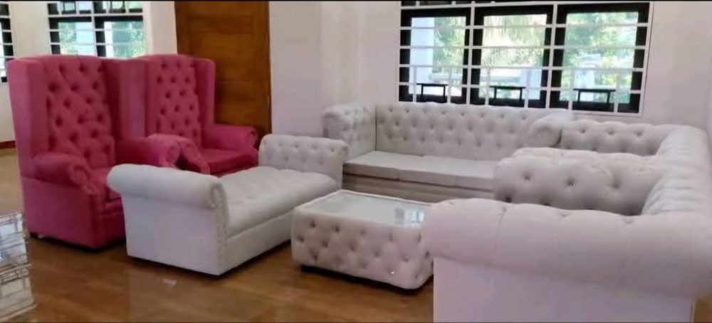 Royal Chesterfield Sofa Set – White & Pink Velvet Collection (9-Seater Set with Center Table)