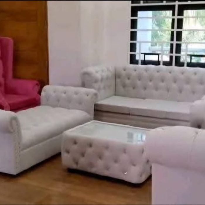 Royal Chesterfield Sofa Set – White & Pink Velvet Collection (9-Seater Set with Center Table)