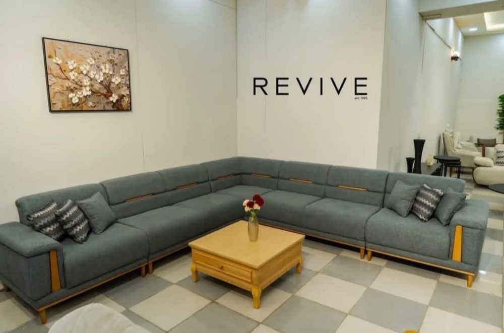 Revive Series Modern L-Shaped Fabric Sofa – Slate Blue (8-Seater)