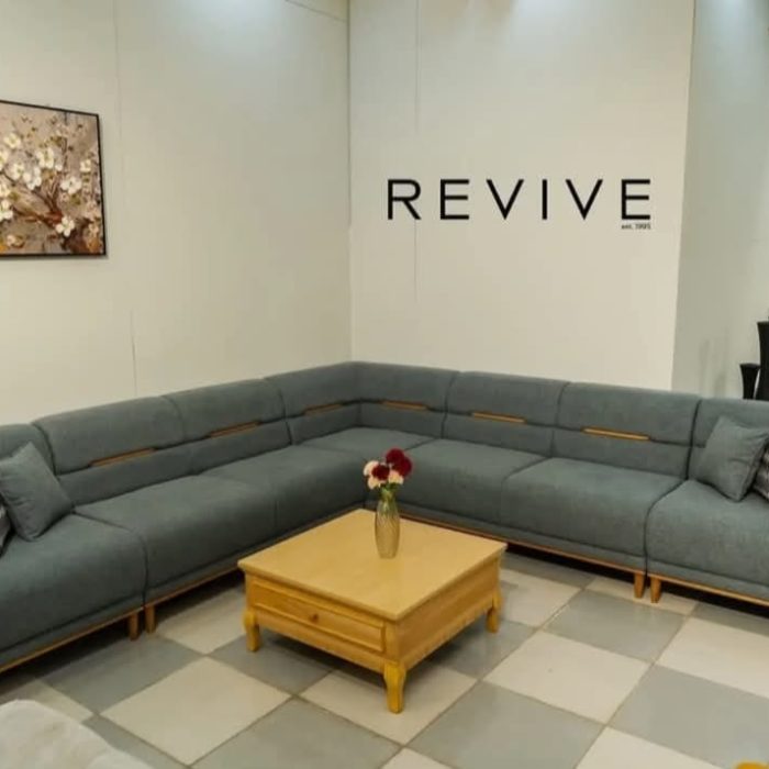 Revive Series Modern L-Shaped Fabric Sofa – Slate Blue (8-Seater)