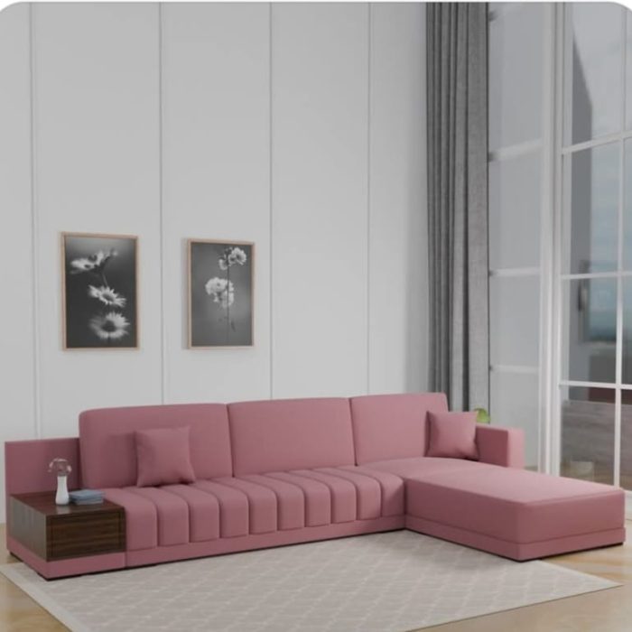 Verona Blush Pink L-Shaped Sofa with Built-in Side Table (5-Seater)