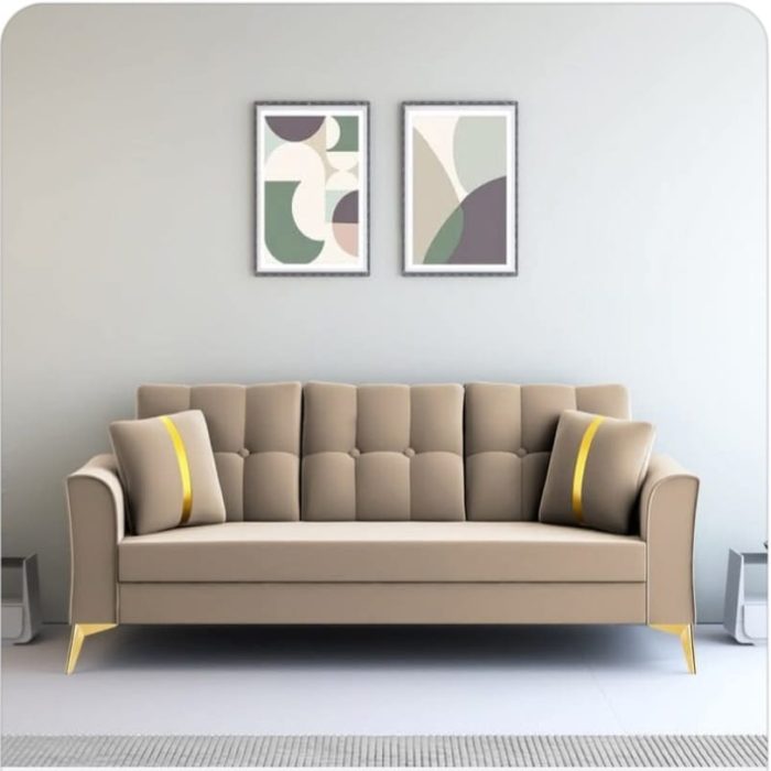 Modern Elegant 3-Seater Sofa with Tufted Back & Gold Accents – Beige