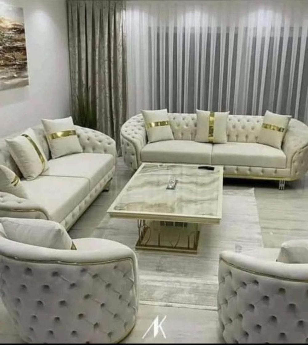 Luxury Tufted Velvet Sofa Set – 5-Piece Premium Living Room Collection (Ivory & Gold Accents)