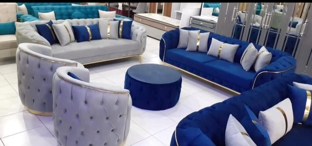 Royal Velvet Tufted Sofa Set – 6-Piece Designer Living Room Collection (Royal Blue & Silver Grey)