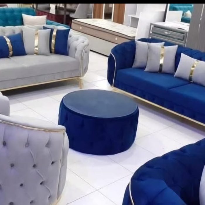Royal Velvet Tufted Sofa Set – 6-Piece Designer Living Room Collection (Royal Blue & Silver Grey)
