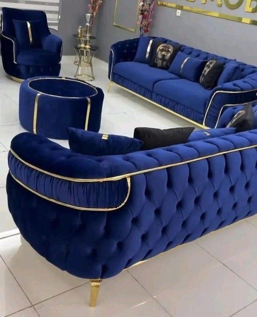 Regal Royal Blue Velvet Sofa Set – Tufted Luxury Collection with Gold Accents